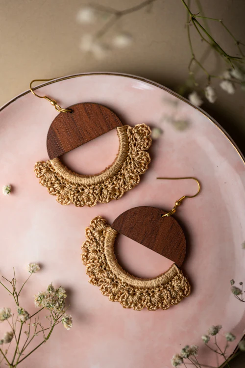 Samoolam Handmade Crescent Moon Beige, Brown Earrings Beige - Image 2