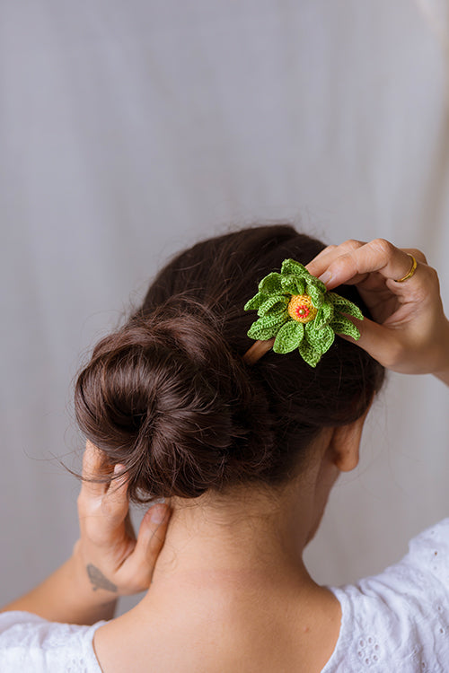 Samoolam Handmade Crochet Hairstick ~ Green Camelia - Image 2