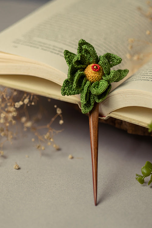 Samoolam Handmade Crochet Hairstick ~ Green Camelia - Image 4