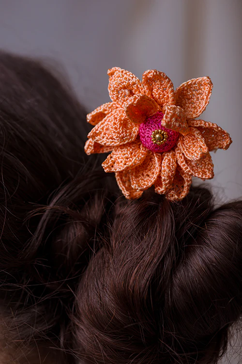Samoolam Handmade Crochet Hairstick ~ Orange Camelia