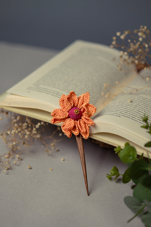 Samoolam Handmade Crochet Hairstick ~ Orange Camelia - Image 3