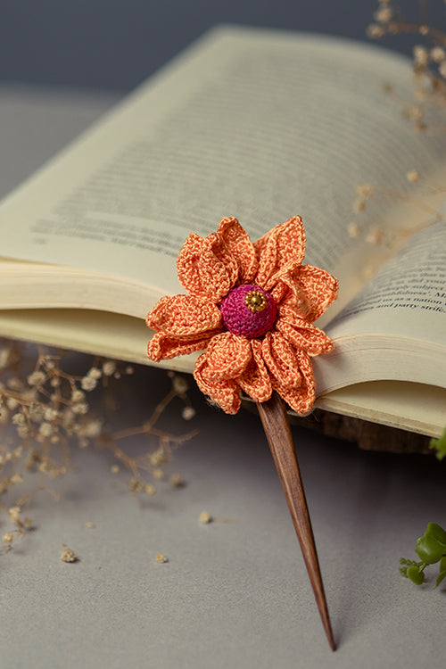 Samoolam Handmade Crochet Hairstick ~ Orange Camelia - Image 4