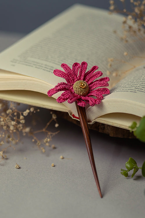 Samoolam Handmade Crochet Hairstick ~ Pink Daisy - Image 2
