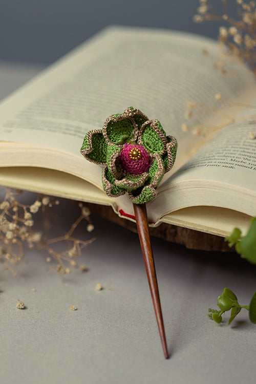 Samoolam Handmade Crochet Hairstick ~ Shimmer And Green Lotus - Image 2