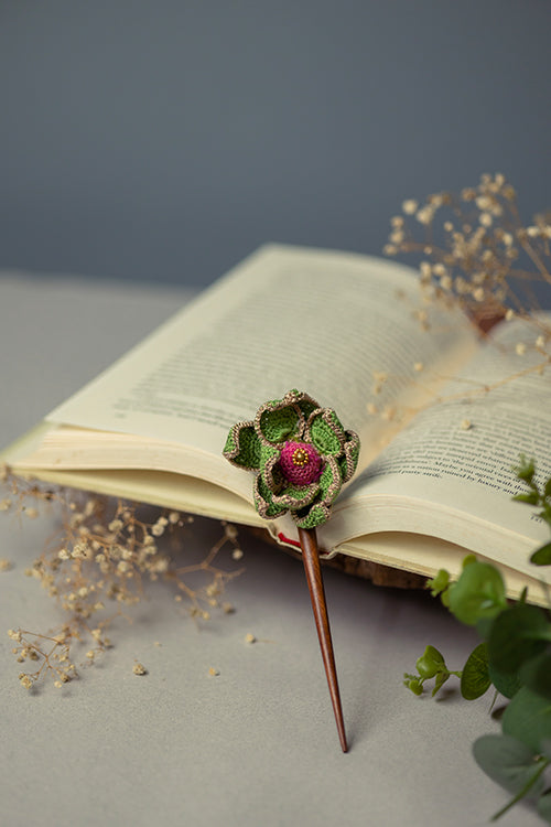 Samoolam Handmade Crochet Hairstick ~ Shimmer And Green Lotus - Image 4