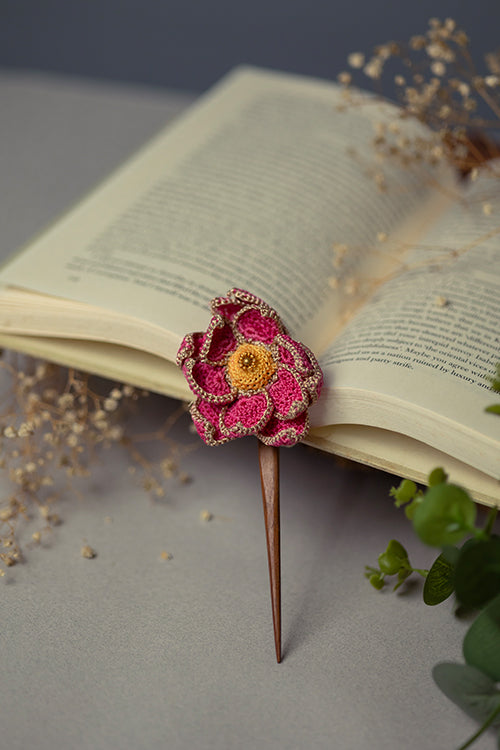 Samoolam Handmade Crochet Hairstick ~ Shimmer Pink Lotus - Image 3