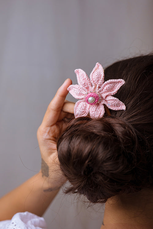 Samoolam Handmade Crochet Hairstick ~ Soft Pink Cosmos