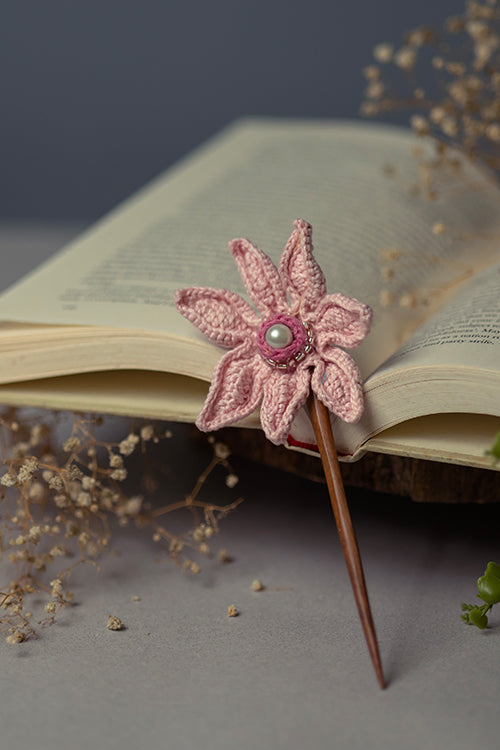 Samoolam Handmade Crochet Hairstick ~ Soft Pink Cosmos - Image 4