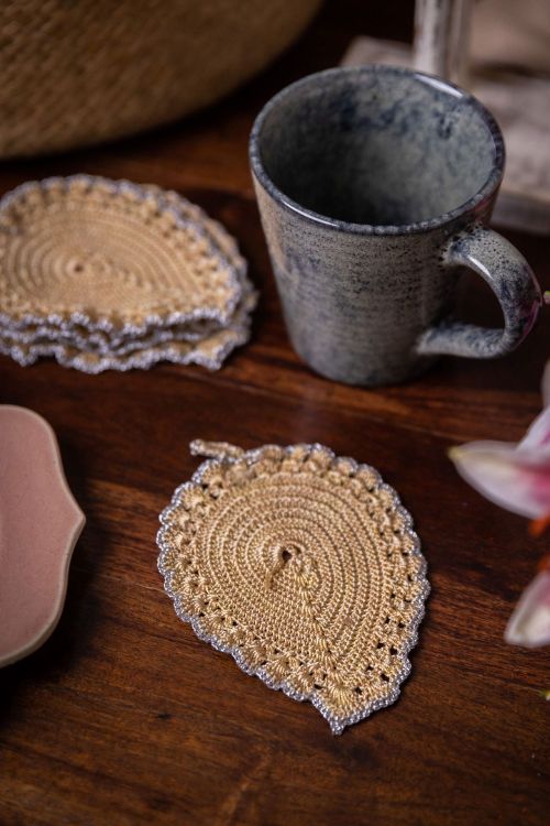 Samoolam Handmade Crochet Ziba Leaf Coasters Silver Beige - Image 3