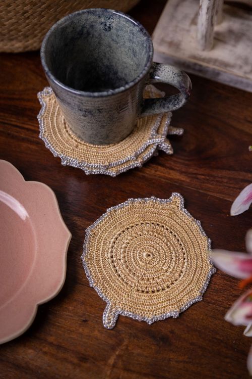 Samoolam Handmade Crochet Ziba Round Coasters Silver Beige - Image 3