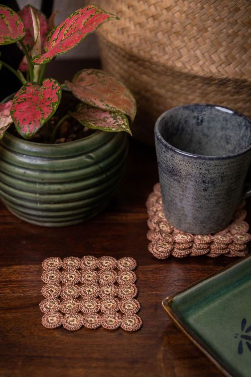 Samoolam Handmade Crochet Ziba Square Coasters Rust Beige - Image 3