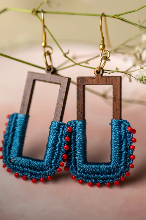 Samoolam Handmade Rectangle Loop Indigo Earrings - Image 2