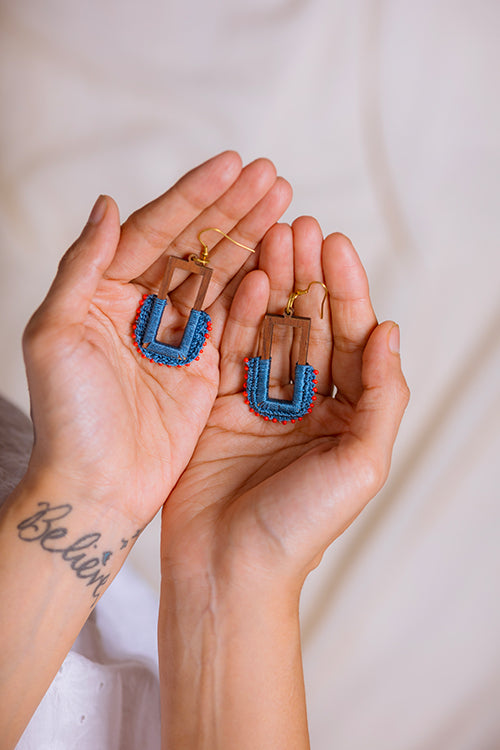 Samoolam Handmade Rectangle Loop Indigo Earrings - Image 3
