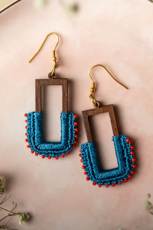 Samoolam Handmade Rectangle Loop Indigo Earrings - Image 4