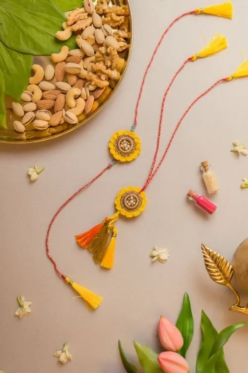 Samoolam Marigold Crochet Rakhi & Lumba Set (Set Of 2) - Image 3