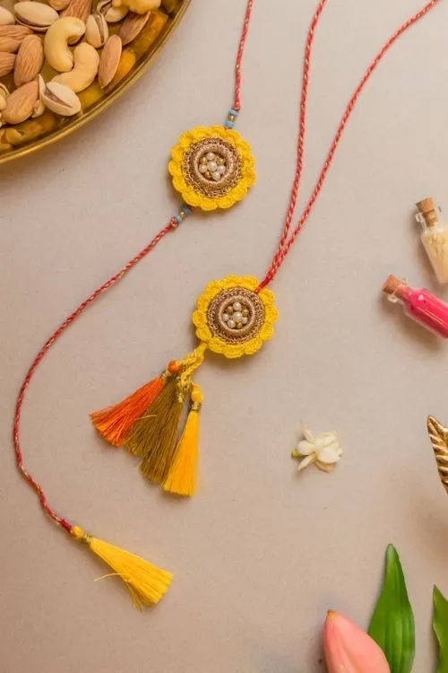 Samoolam Marigold Crochet Rakhi & Lumba Set (Set Of 2) - Image 4