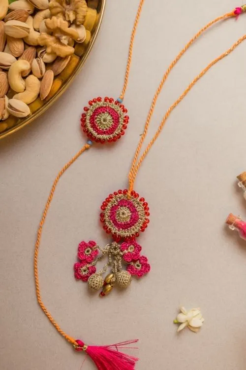 Samoolam Pink Twilight Crochet Rakhi & Lumba Set (Set Of 2) - Image 3