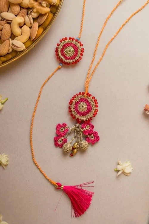 Samoolam Pink Twilight Crochet Rakhi & Lumba Set (Set Of 2) - Image 4
