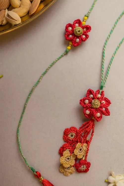 Samoolam Red Flower Crochet Rakhi & Lumba Set (Set Of 2) - Image 2