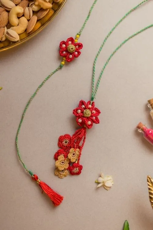 Samoolam Red Flower Crochet Rakhi & Lumba Set (Set Of 2) - Image 3
