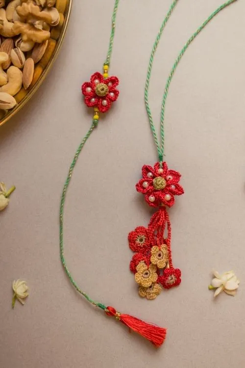 Samoolam Red Flower Crochet Rakhi & Lumba Set (Set Of 2) - Image 4