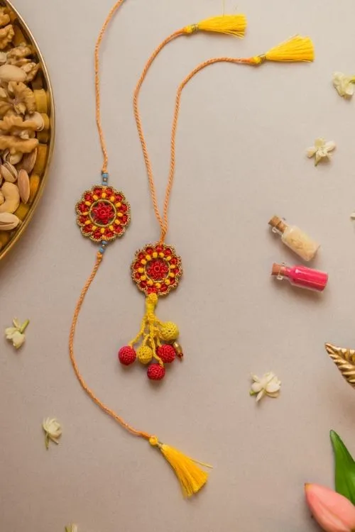 Samoolam Red Mandala Crochet Rakhi & Lumba Set (Set Of 2) - Image 3