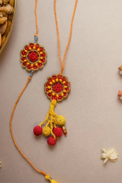 Samoolam Red Mandala Crochet Rakhi & Lumba Set (Set Of 2) - Image 4