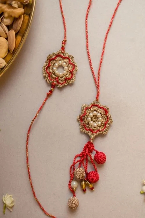 Samoolam Red Pearl Crochet Rakhi & Lumba Set (Set Of 2) - Image 2