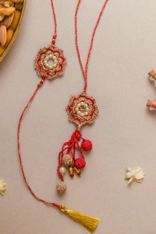 Samoolam Red Pearl Crochet Rakhi & Lumba Set (Set Of 2) - Image 3