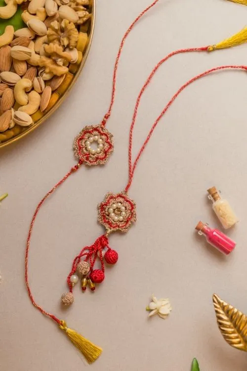 Samoolam Red Pearl Crochet Rakhi & Lumba Set (Set Of 2) - Image 4