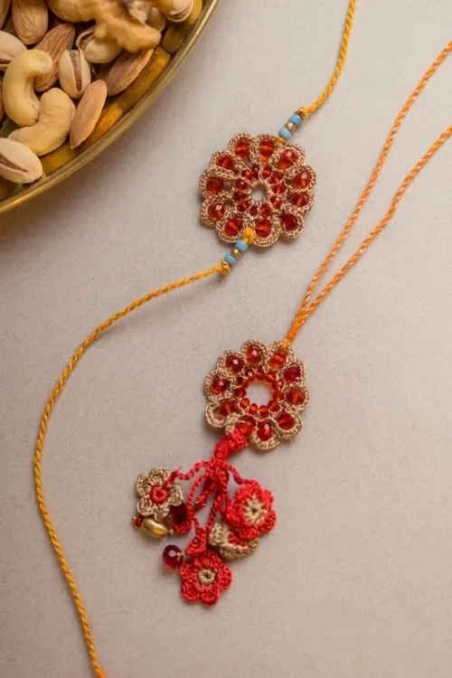 Samoolam Red Stone Crochet Rakhi & Lumba Set (Set Of 2) - Image 2