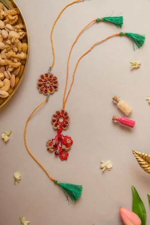 Samoolam Red Stone Crochet Rakhi & Lumba Set (Set Of 2) - Image 3