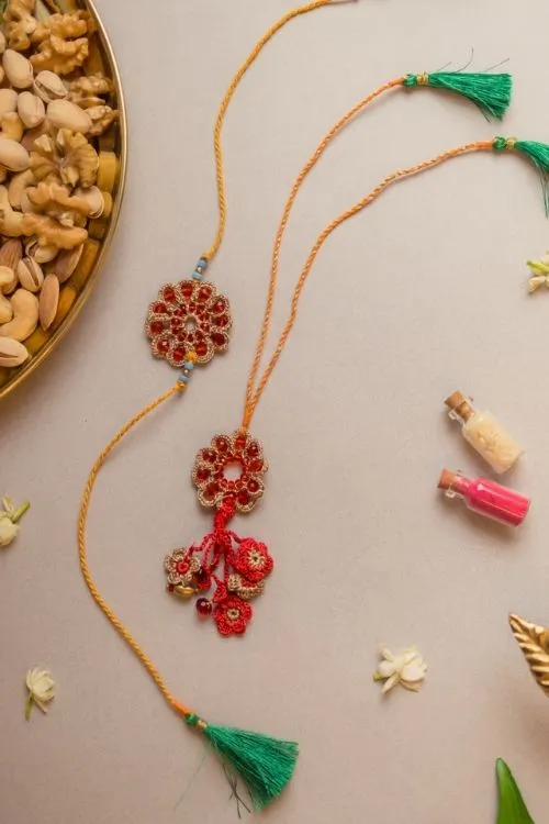 Samoolam Red Stone Crochet Rakhi & Lumba Set (Set Of 2) - Image 4