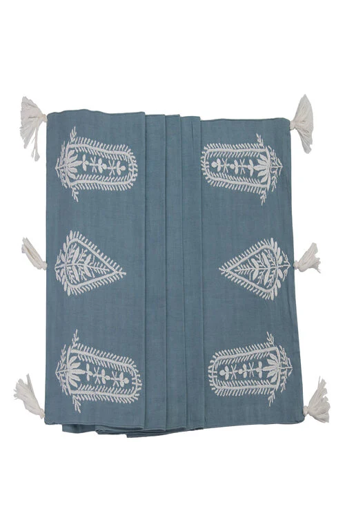 Samuday Crafts Blue Table Runner With Chikankari Embroidery - Image 3