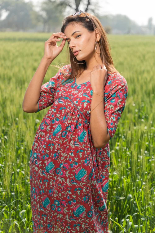 Sootisyahi 'Scarlet-Bee-Balm' Azofree Handblock Printed Pure Cotton Dress - Image 3