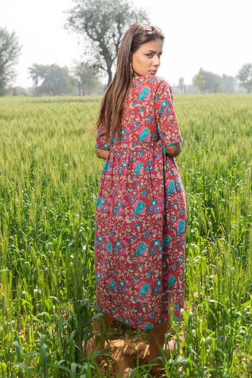 Sootisyahi 'Scarlet-Bee-Balm' Azofree Handblock Printed Pure Cotton Dress - Image 5