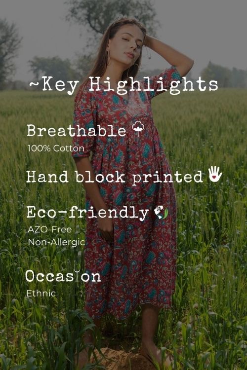 Sootisyahi 'Scarlet-Bee-Balm' Azofree Handblock Printed Pure Cotton Dress - Image 6