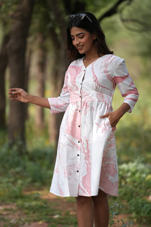 Sooti Syahi Scarlet Streaks Handblock Printed Cotton Dress - Image 3