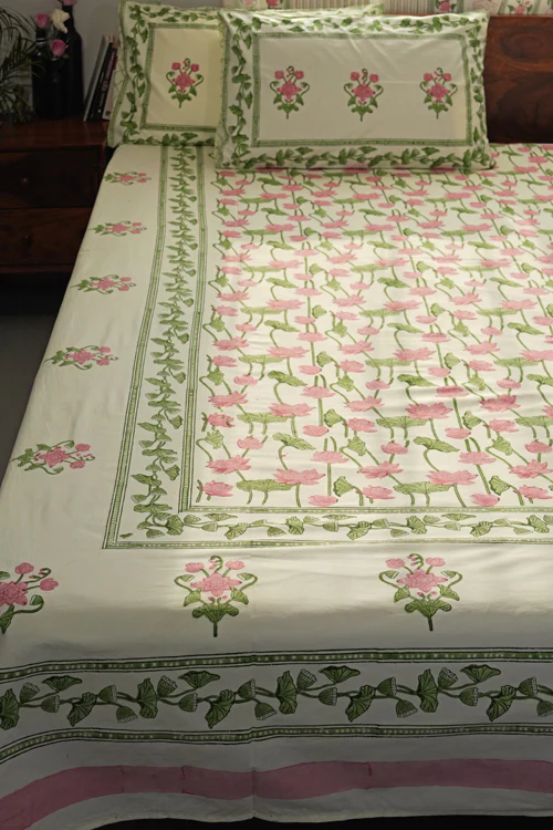 Sooti Syahi Serene Lotus Garden Hand Block Printed Cotton Percale Bedsheet - Image 2