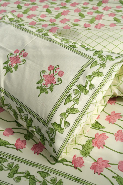 Sooti Syahi Serene Lotus Garden Hand Block Printed Cotton Percale Bedsheet - Image 3