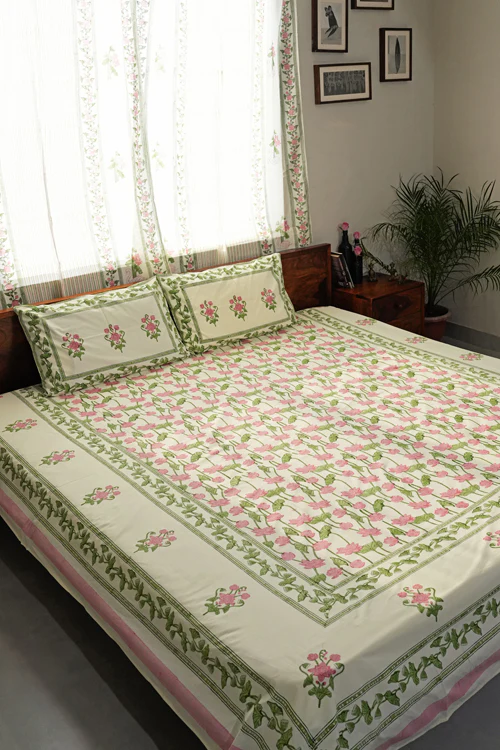 Sooti Syahi Serene Lotus Garden Hand Block Printed Cotton Percale Bedsheet - Image 4