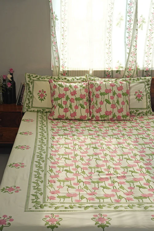 Sooti Syahi Serene Lotus Garden Hand Block Printed Cotton Percale Bedsheet - Image 5