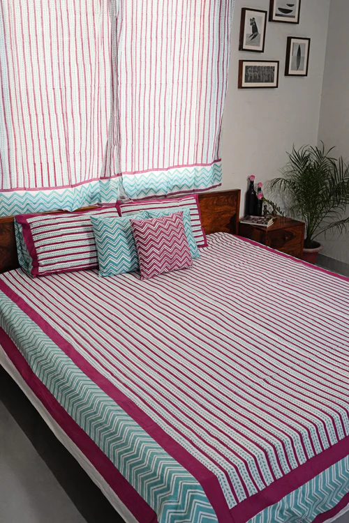 Sooti Syahi Serene Stripes Hand Block Printed Cotton Percale Bedsheet