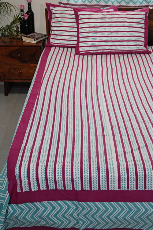 Sooti Syahi Serene Stripes Hand Block Printed Cotton Percale Bedsheet - Image 3