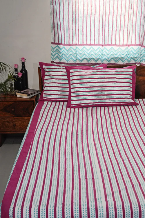 Sooti Syahi Serene Stripes Hand Block Printed Cotton Percale Bedsheet - Image 4
