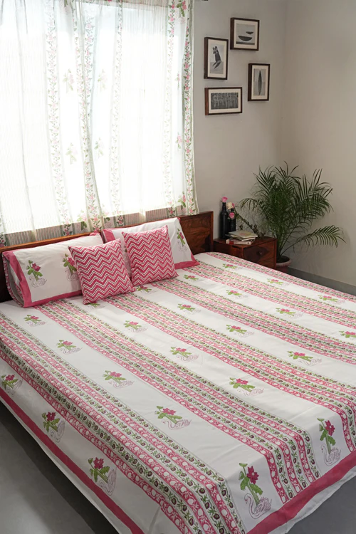 Sooti Syahi Serene Swan Lotus Hand Block Printed Cotton Percale Bedsheet