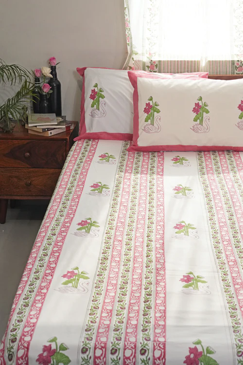 Sooti Syahi Serene Swan Lotus Hand Block Printed Cotton Percale Bedsheet - Image 2