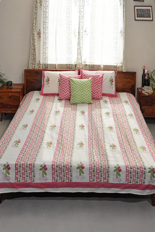 Sooti Syahi Serene Swan Lotus Hand Block Printed Cotton Percale Bedsheet - Image 3