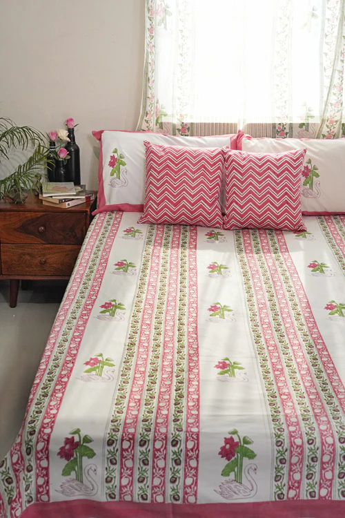 Sooti Syahi Serene Swan Lotus Hand Block Printed Cotton Percale Bedsheet - Image 4