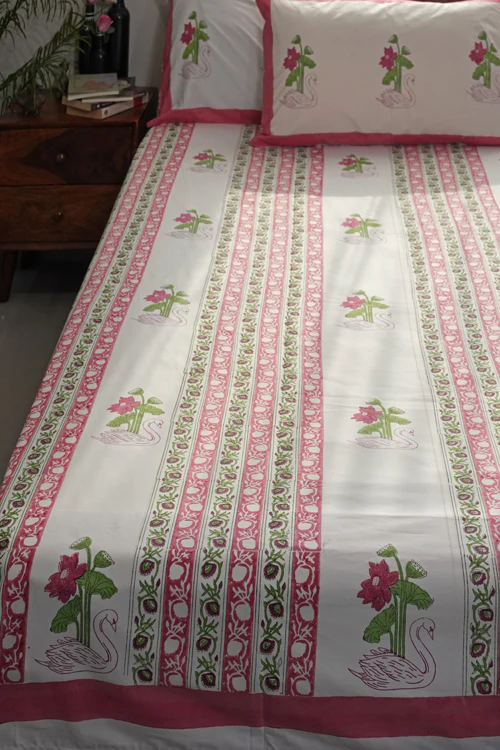 Sooti Syahi Serene Swan Lotus Hand Block Printed Cotton Percale Bedsheet - Image 5